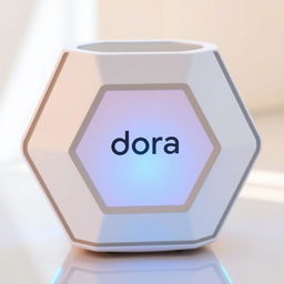 A modern and technologically advanced portable speaker shaped like a hexagon, branded as 'Dora'