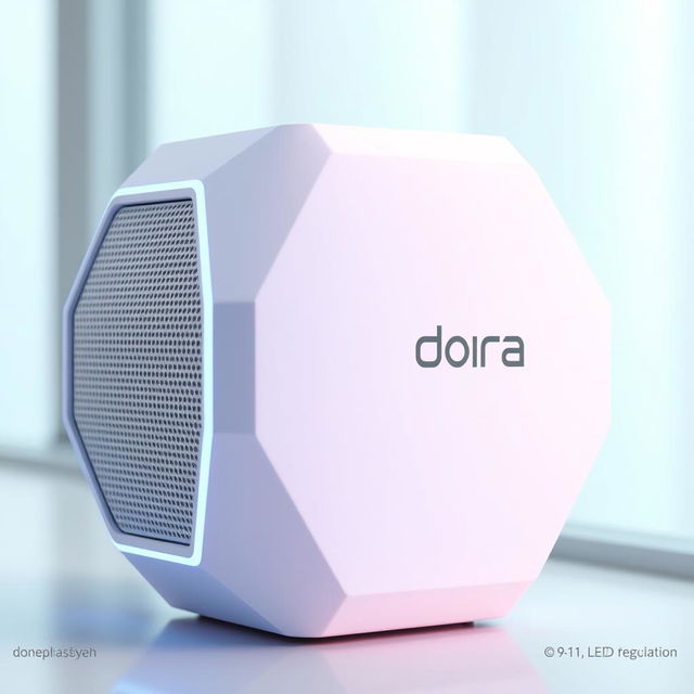 A modern and technologically advanced portable speaker shaped like a hexagon, branded as 'Dora'