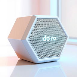 A modern and technologically advanced portable speaker shaped like a hexagon, branded as 'Dora'