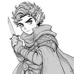 Anime style greyscale illustration of a male halfling thief with curly hair, holding a dagger in a confident pose, wearing detailed leather armor and a flowing cloak, focusing on his facial features and upper body from the shoulders up
