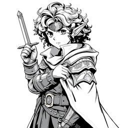 Anime style greyscale illustration of a male halfling thief with curly hair, holding a dagger in a confident pose, wearing detailed leather armor and a flowing cloak, focusing on his facial features and upper body from the shoulders up