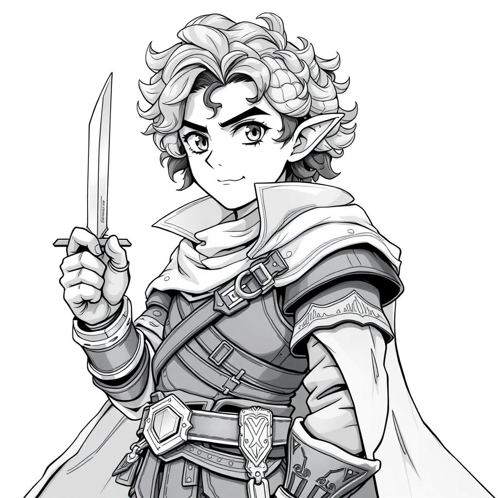 Anime style greyscale illustration of a male halfling thief with curly hair, holding a dagger in a confident pose, wearing detailed leather armor and a flowing cloak, focusing on his facial features and upper body from the shoulders up