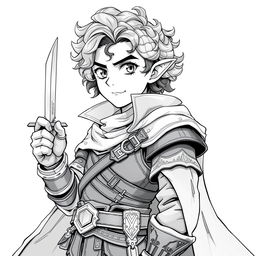 Anime style greyscale illustration of a male halfling thief with curly hair, holding a dagger in a confident pose, wearing detailed leather armor and a flowing cloak, focusing on his facial features and upper body from the shoulders up