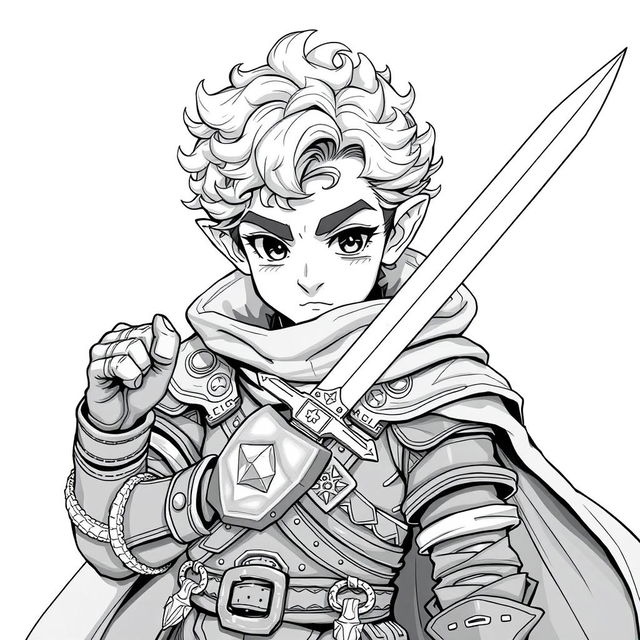 Anime style greyscale illustration of a male halfling thief with curly hair, holding a dagger in a confident pose, wearing detailed leather armor and a flowing cloak, focusing on his facial features and upper body from the shoulders up