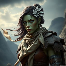 A photorealistic image of a female half-orc barbarian, showcasing her pale green, almost black skin