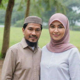 An Indonesian man of 40 years old standing side by side with a beautiful woman in a hijab, both dressed in casual couple's attire, in a natural background.