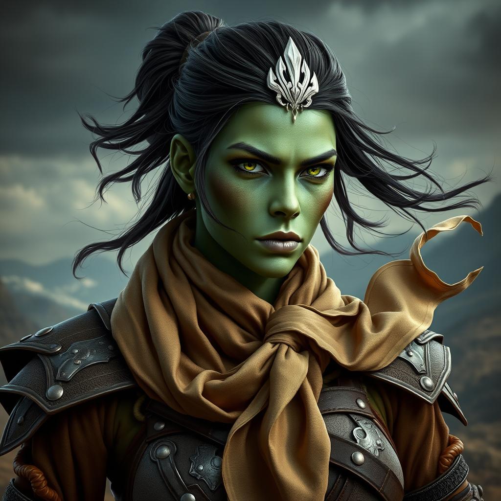 A photorealistic image of a female half-orc barbarian, showcasing her pale green, almost black skin