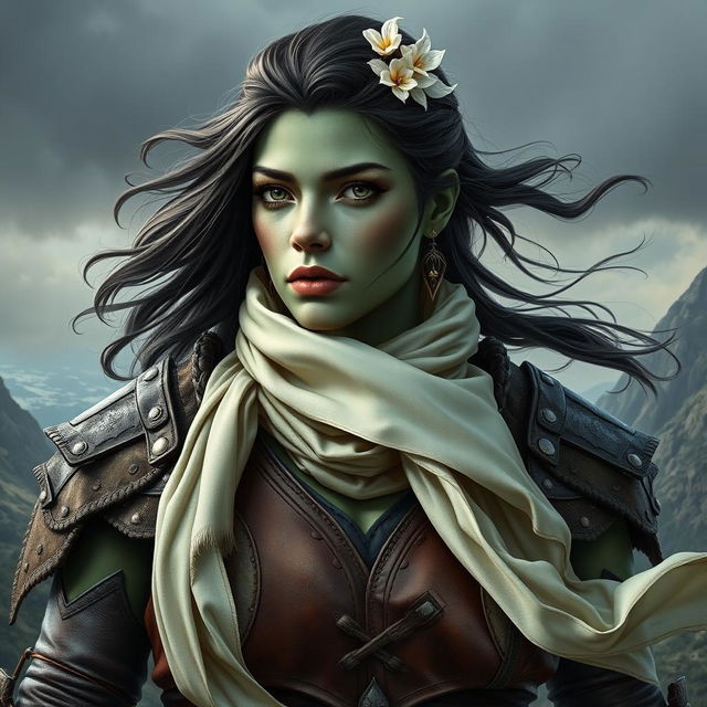 A photorealistic image of a female half-orc barbarian, showcasing her pale green, almost black skin