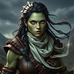 A photorealistic image of a female half-orc barbarian, showcasing her pale green, almost black skin
