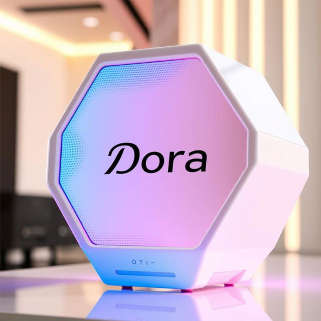 A modern and technologically advanced hexagonal speaker branded 'Dora'