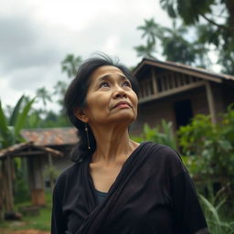 A middle-aged woman named Sawitri, standing in a small, rustic village surrounded by nature
