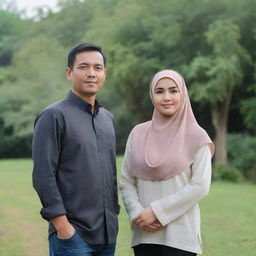 An Indonesian man of 40 years old standing side by side with a beautiful woman in a hijab, both dressed in casual couple's attire, in a natural background.