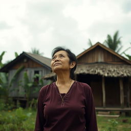 A middle-aged woman named Sawitri, standing in a small, rustic village surrounded by nature