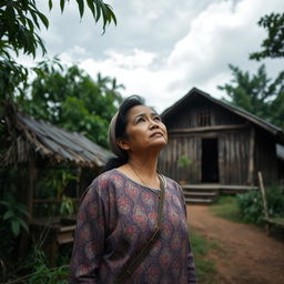 A middle-aged woman named Sawitri, standing in a small, rustic village surrounded by nature