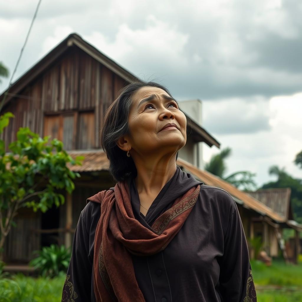 A middle-aged woman named Sawitri, standing in a small, rustic village surrounded by nature