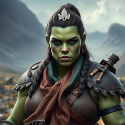 A photorealistic image of a bulky female half-orc barbarian, characterized by her pale green, almost black skin