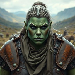 A photorealistic image of a bulky female half-orc barbarian, characterized by her pale green, almost black skin