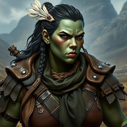 A photorealistic image of a bulky female half-orc barbarian, characterized by her pale green, almost black skin