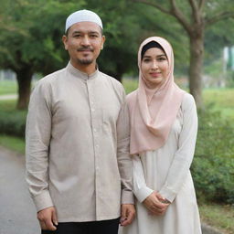 An Indonesian man of 40 years old standing side by side with a beautiful woman in a hijab, both dressed in casual couple's attire, in a natural background.