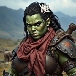 A photorealistic image of a bulky female half-orc barbarian, characterized by her pale green, almost black skin