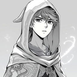 Anime style greyscale illustration of a young male human wizard, wearing a detailed hooded cloak, with a focused expression and mystical eyes, from the shoulders up