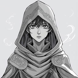 Anime style greyscale illustration of a young male human wizard, wearing a detailed hooded cloak, with a focused expression and mystical eyes, from the shoulders up