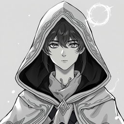 Anime style greyscale illustration of a young male human wizard, wearing a detailed hooded cloak, with a focused expression and mystical eyes, from the shoulders up