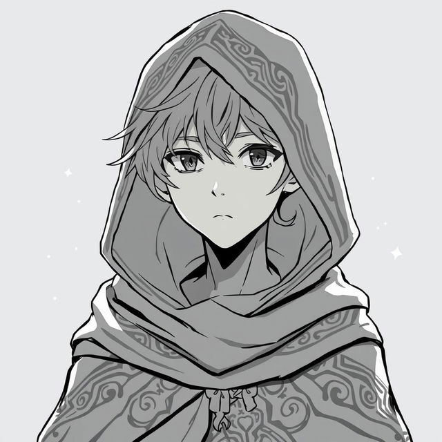 Anime style greyscale illustration of a young male human wizard, wearing a detailed hooded cloak, with a focused expression and mystical eyes, from the shoulders up