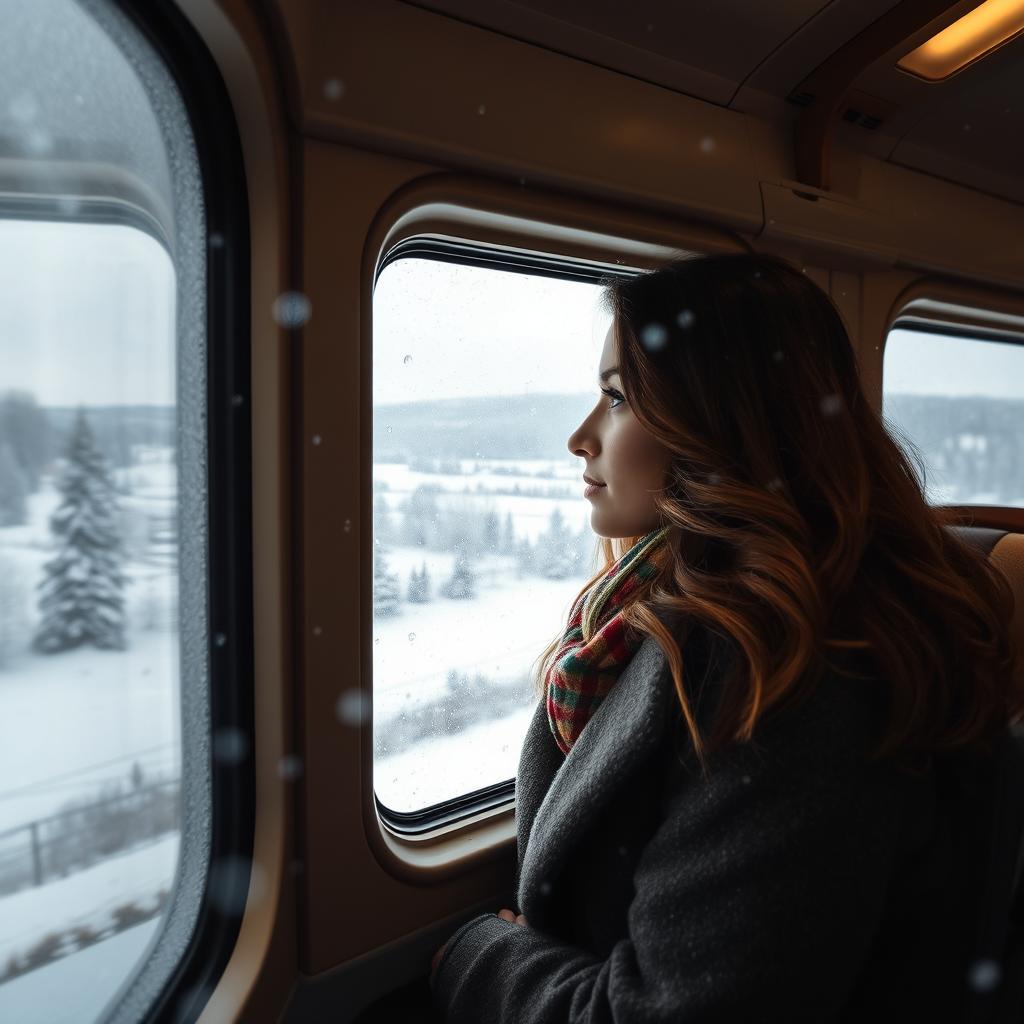 A beautiful woman looking out of a train window while snow gently falls outside, creating a serene winter scene