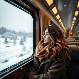 A beautiful woman looking out of a train window while snow gently falls outside, creating a serene winter scene