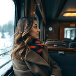 A beautiful woman looking out of a train window while snow gently falls outside, creating a serene winter scene