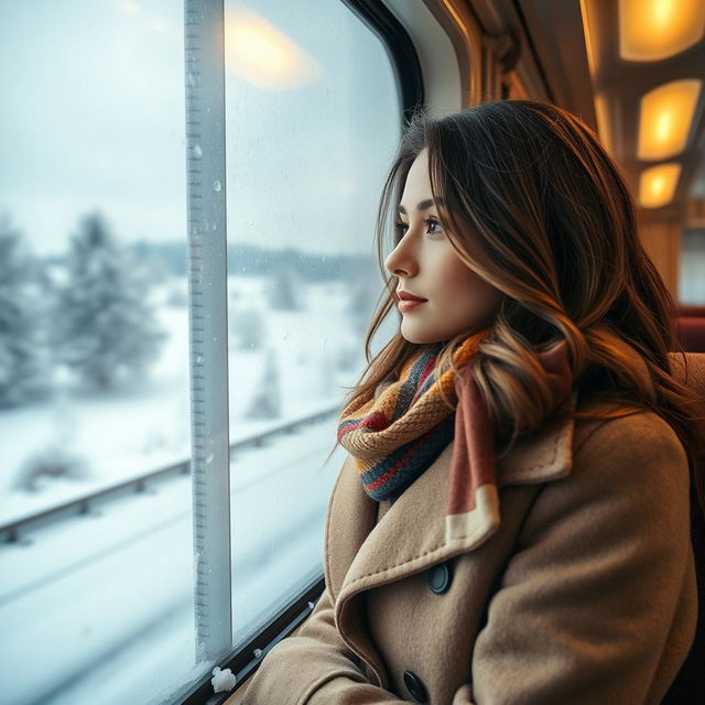 A beautiful woman looking out of a train window while snow gently falls outside, creating a serene winter scene