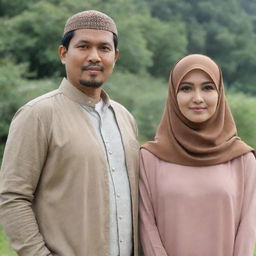 An Indonesian man of 40 years old standing side by side with a beautiful woman in a hijab, both dressed in casual couple's attire, in a natural background.