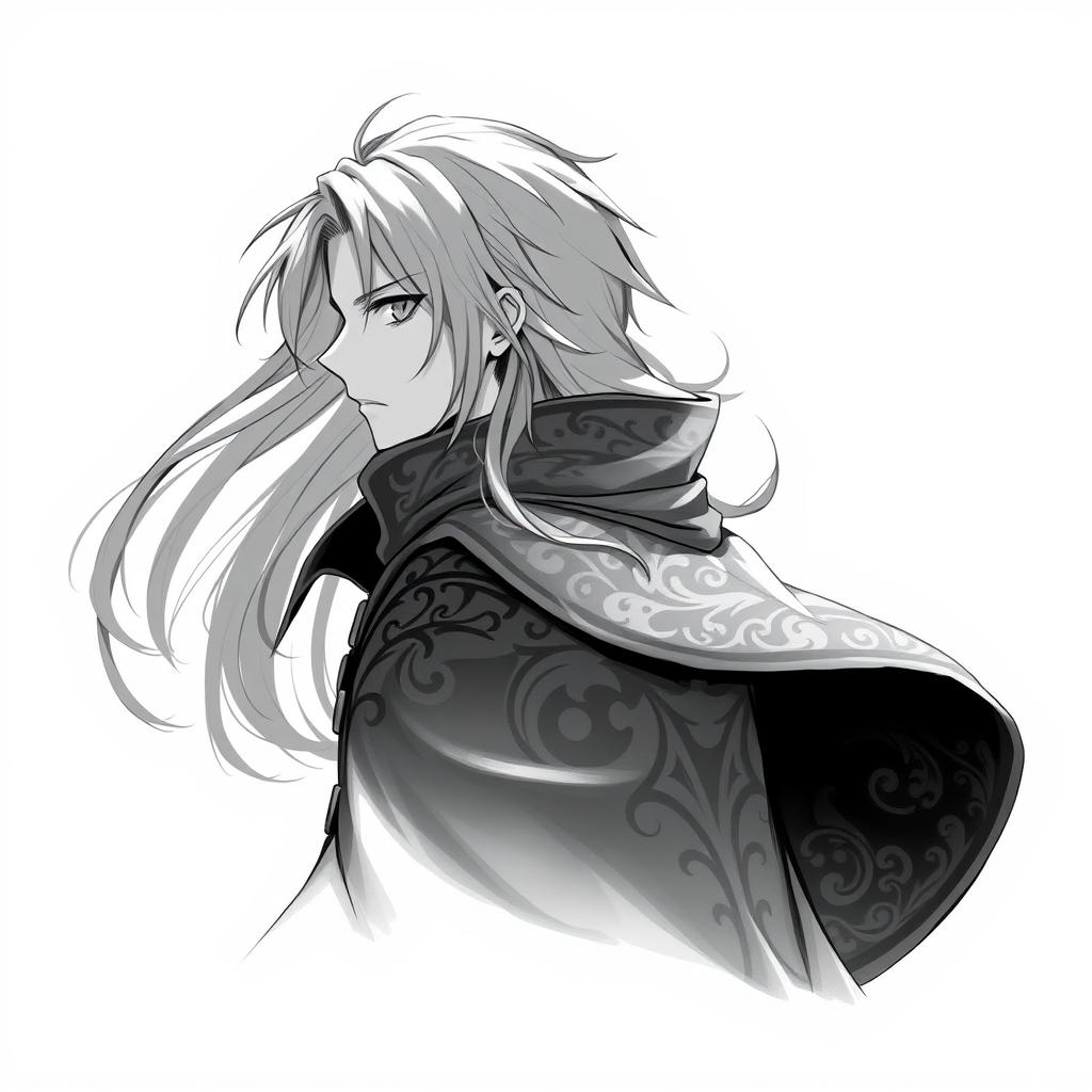 A greyscale anime-style illustration of a male human wizard, depicted from the shoulders up