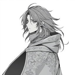 A greyscale anime-style illustration of a male human wizard, depicted from the shoulders up
