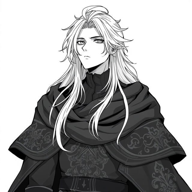 A greyscale anime-style illustration of a male human wizard, depicted from the shoulders up