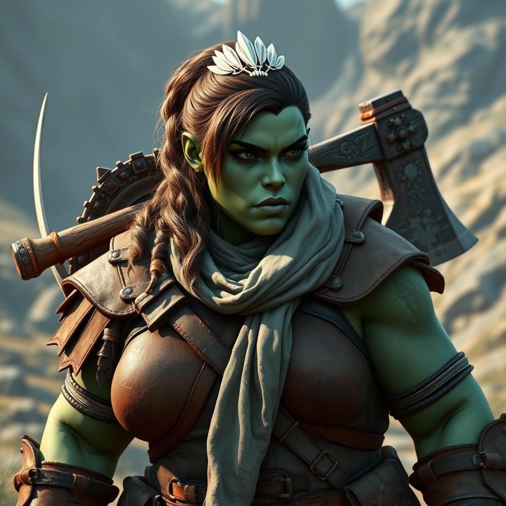 A photorealistic image of a bulky female half-orc barbarian, characterized by her pale green, almost black skin