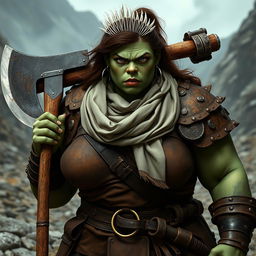 A photorealistic image of a bulky female half-orc barbarian, characterized by her pale green, almost black skin