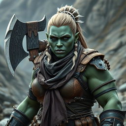 A photorealistic image of a bulky female half-orc barbarian, characterized by her pale green, almost black skin