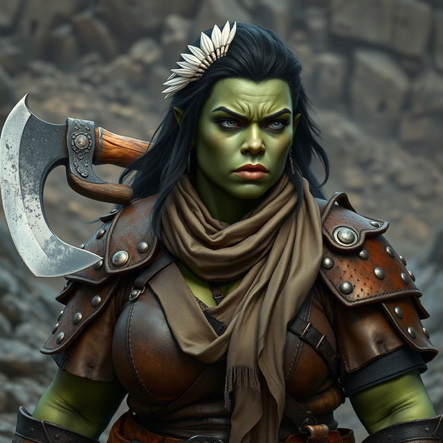 A photorealistic image of a bulky female half-orc barbarian, characterized by her pale green, almost black skin