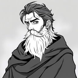 An anime style greyscale illustration of a bearded male human wizard, portrayed from the shoulders up