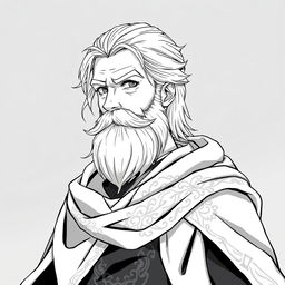 An anime style greyscale illustration of a bearded male human wizard, portrayed from the shoulders up
