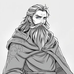 An anime style greyscale illustration of a bearded male human wizard, portrayed from the shoulders up