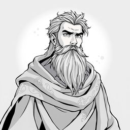 An anime style greyscale illustration of a bearded male human wizard, portrayed from the shoulders up
