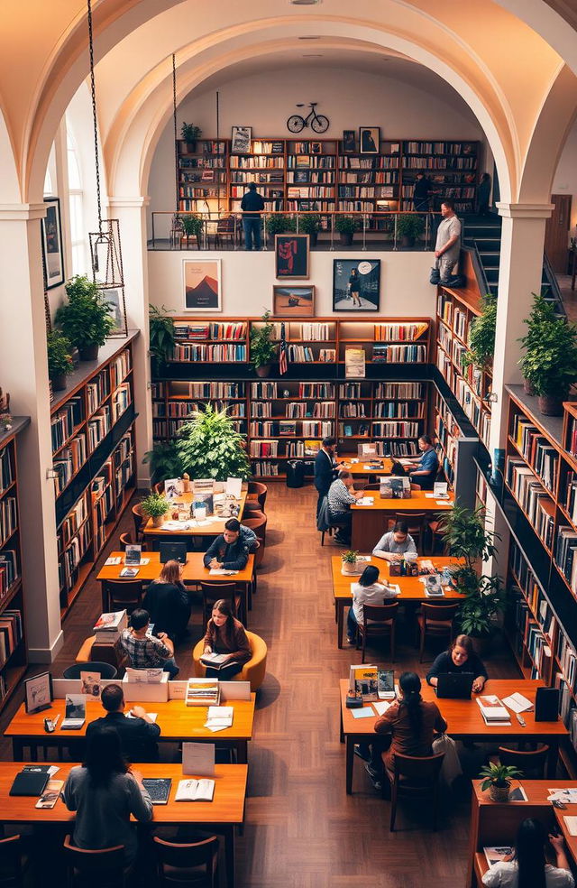 A visually appealing library interior showcasing a rich collection of books and study areas, with well-organized shelves, reading tables, and cozy seating arrangements