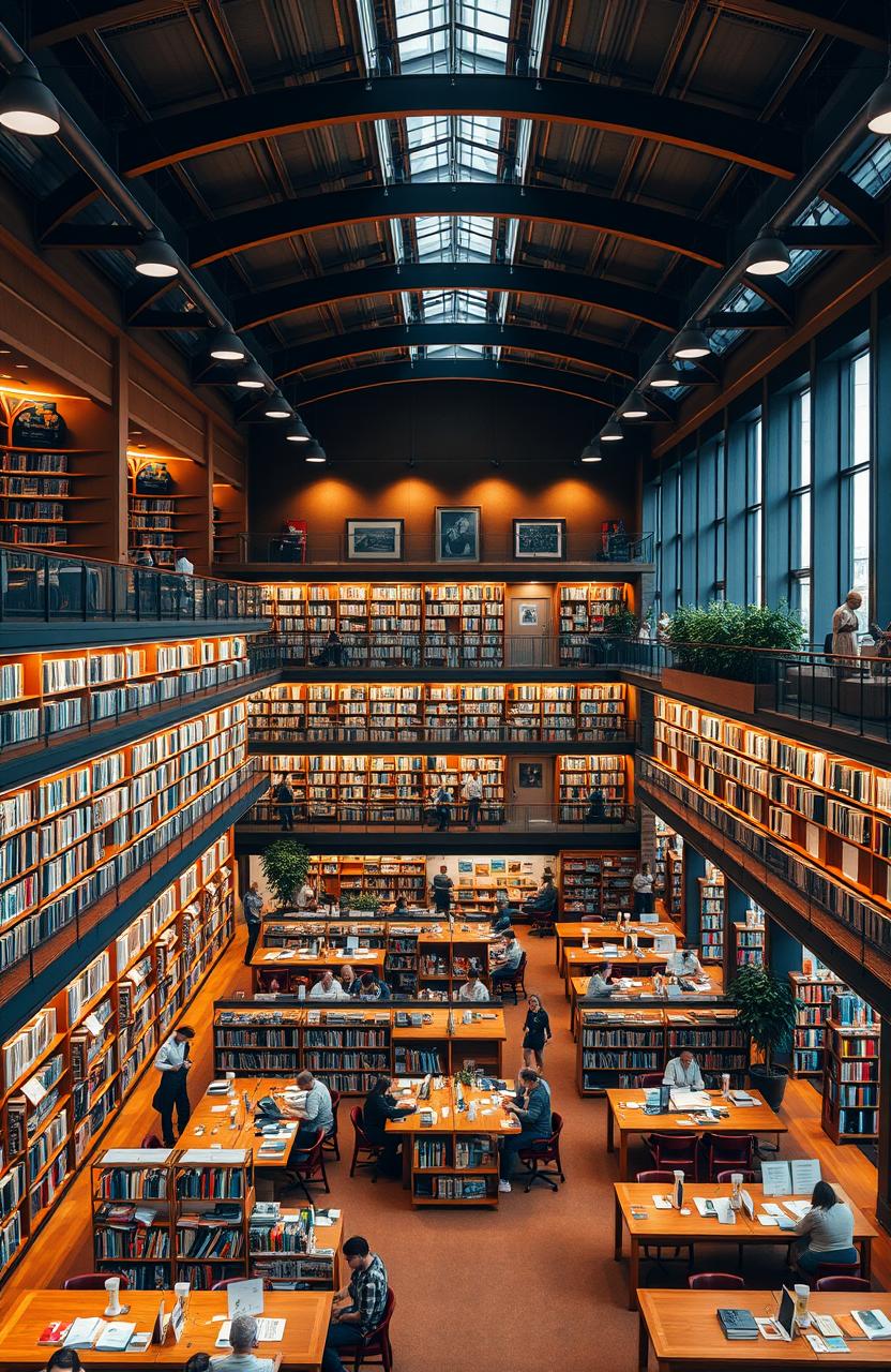 A visually appealing library interior showcasing a rich collection of books and study areas, with well-organized shelves, reading tables, and cozy seating arrangements