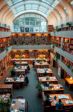 A visually appealing library interior showcasing a rich collection of books and study areas, with well-organized shelves, reading tables, and cozy seating arrangements
