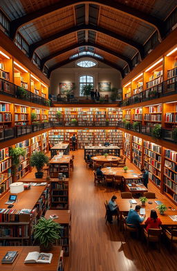 A visually appealing library interior showcasing a rich collection of books and study areas, with well-organized shelves, reading tables, and cozy seating arrangements