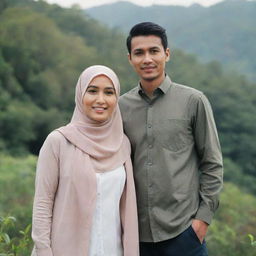 A slim Indonesian man of 35 years old standing side by side with a beautiful woman in a hijab, both dressed in casual couple's attire, against a nature-inspired backdrop.