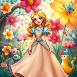 A whimsical representation of Princess Alice, a fairytale character, surrounded by enchanting elements inspired by a magical world